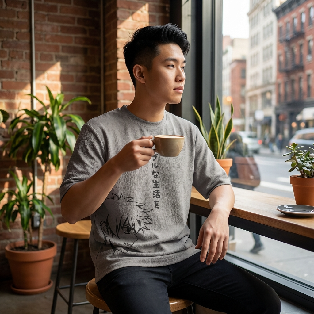 Man wearing a gray t-shirt with a red and black design, standing in an industrial-style room.