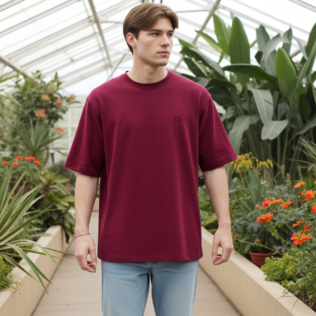 Man wearing a maroon t-shirt and light blue jeans standing in a greenhouse with plants and flowers.