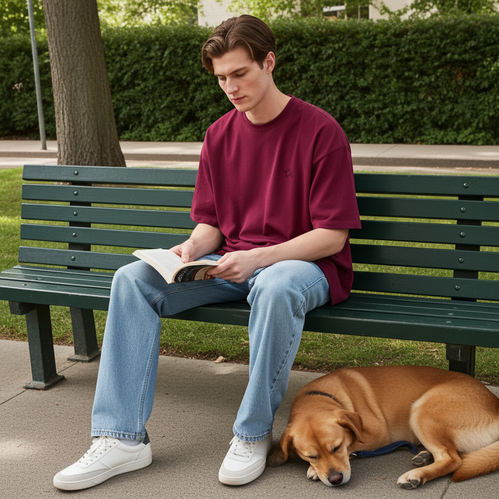 Stylish and Trendy Red Minimal Look Red Oversize T-shirt for Men Man reading a book on a park bench with a dog lying next to him