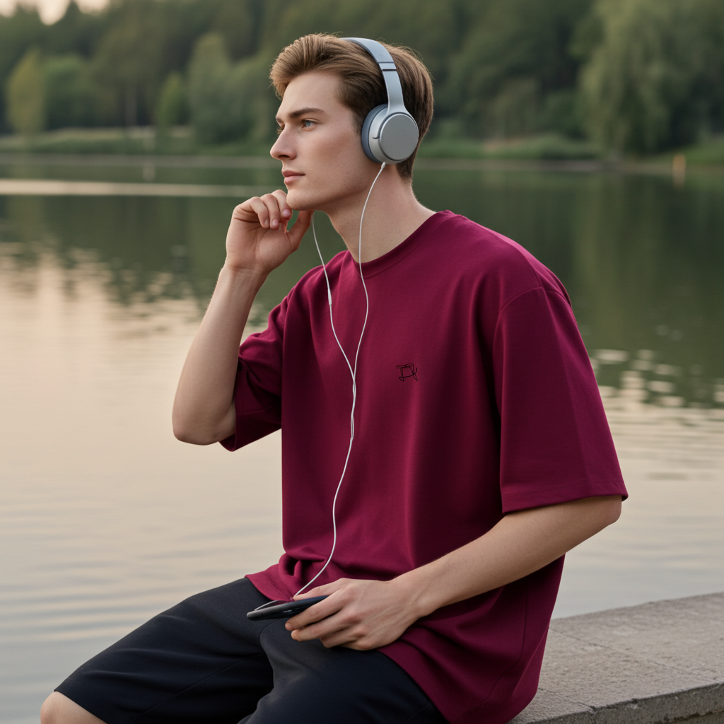 Man wearing headphones and a maroon shirt by a lake