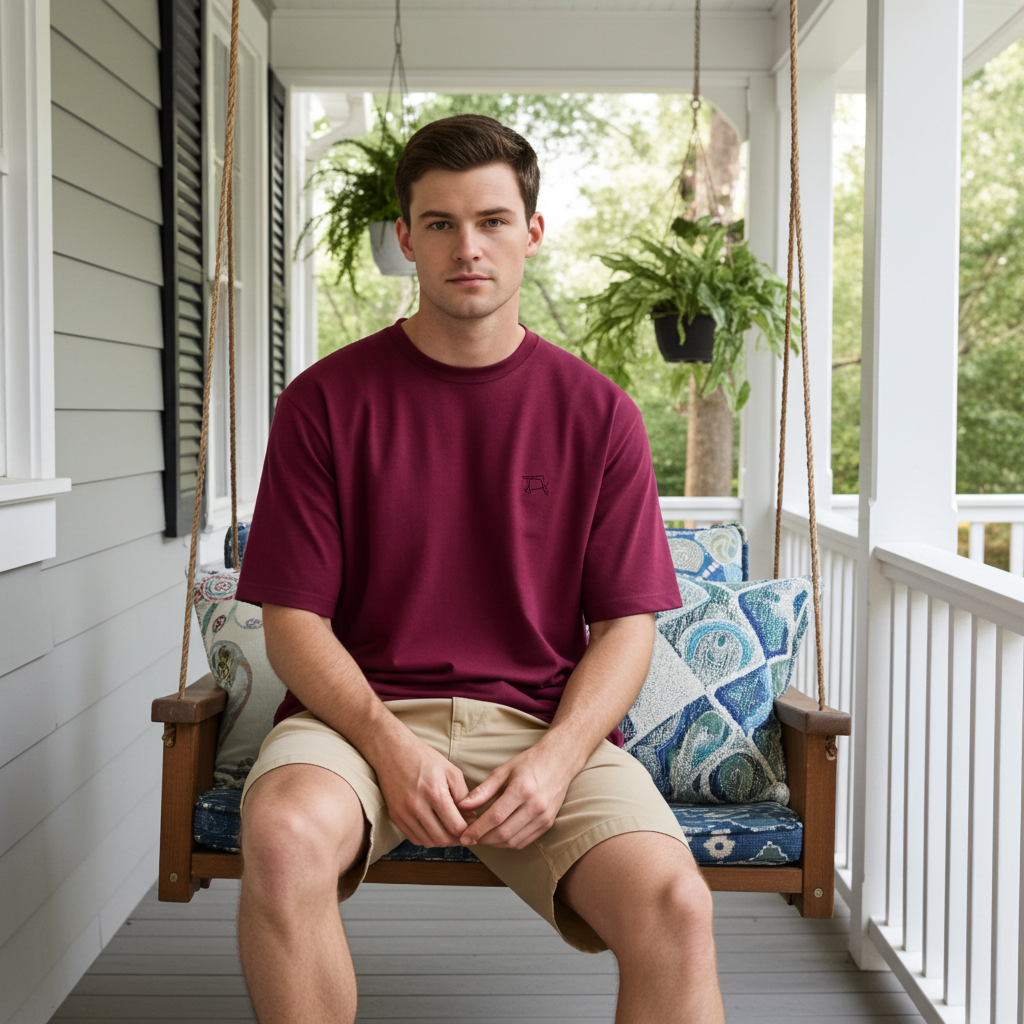 Stylish and Trendy Red Minimal Look Red Oversize T-shirt Man sitting on a porch swing with a house and garden in the background