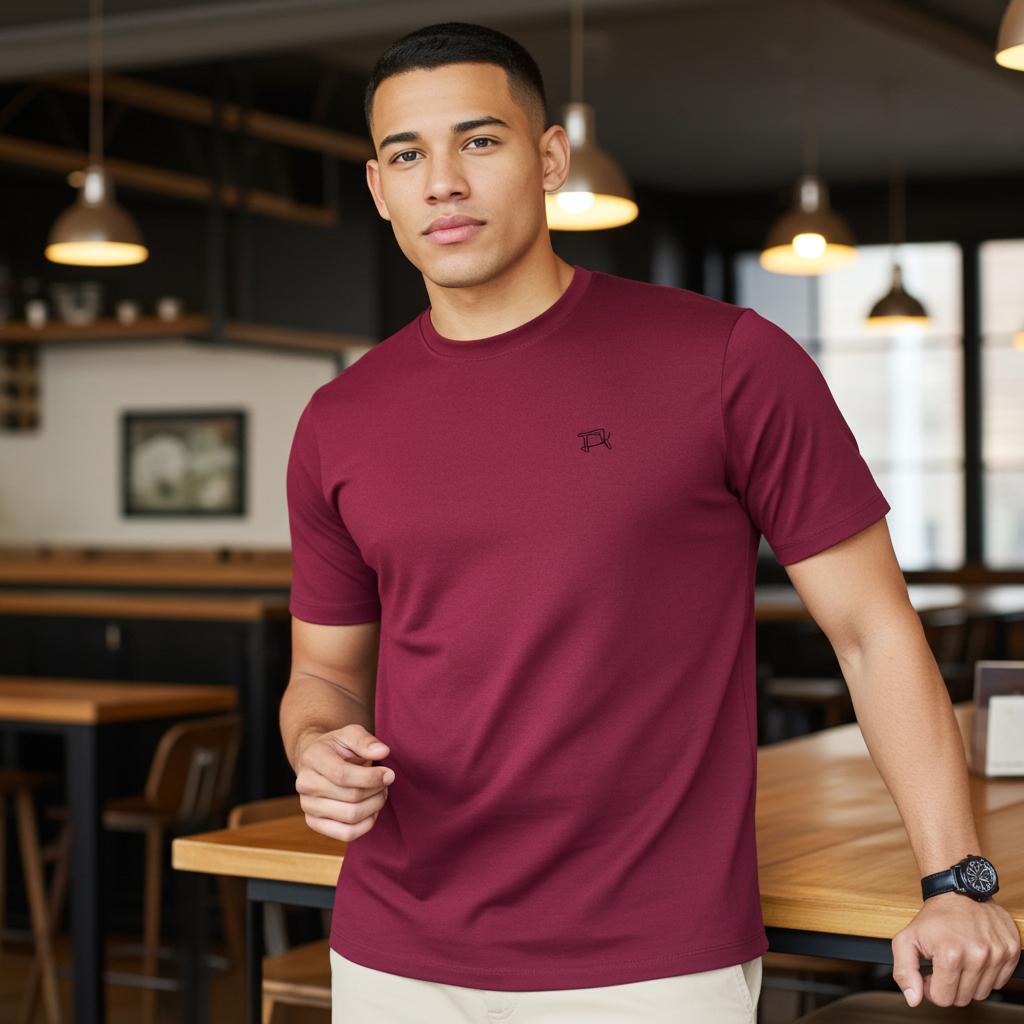 Man wearing a maroon t-shirt in a casual setting