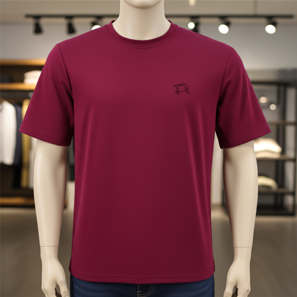 Maroon t-shirt with a small logo on a mannequin in a store setting