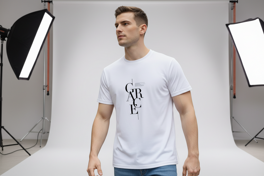 Man wearing a white t-shirt with a logo on a city street