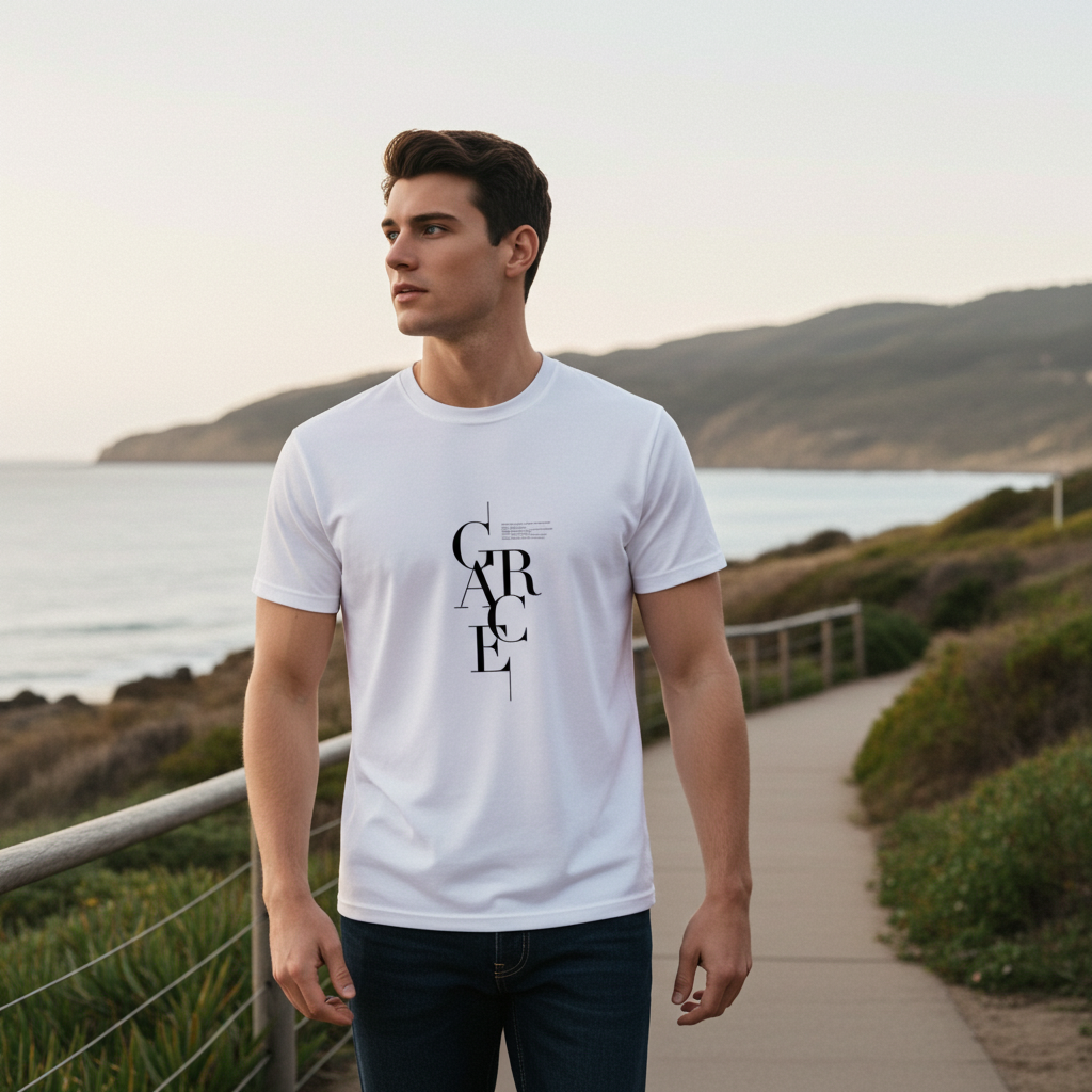 Man wearing a white t-shirt with 'GARCE' design by the ocean
