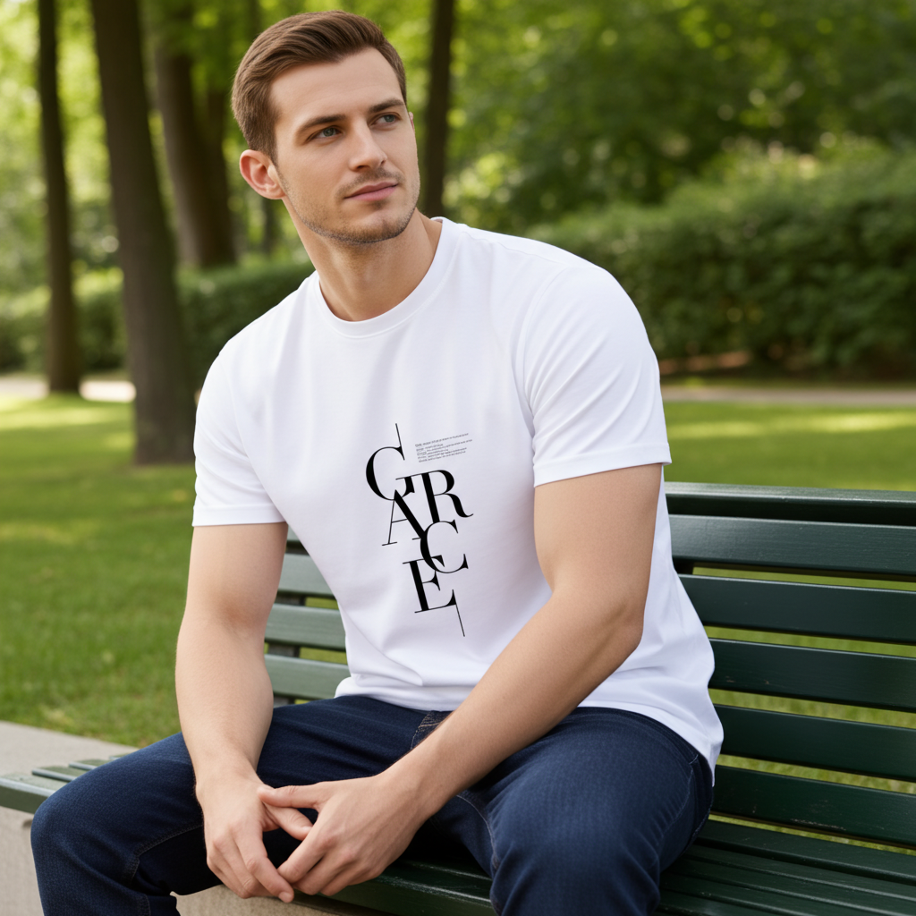 Man sitting on a bench in a park wearing a white t-shirt with text.
