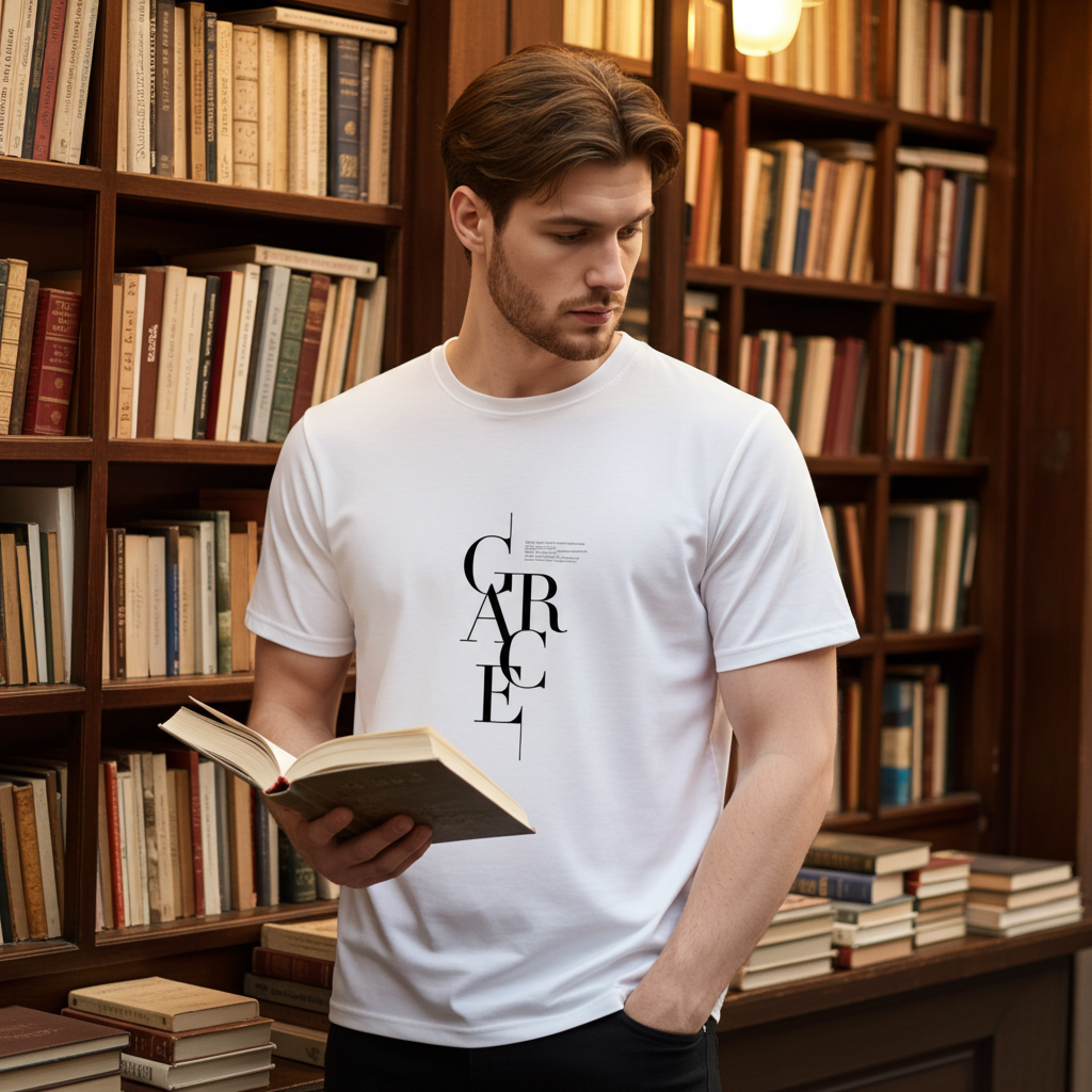 Man reading a book in a library wearing a white t-shirt with text.