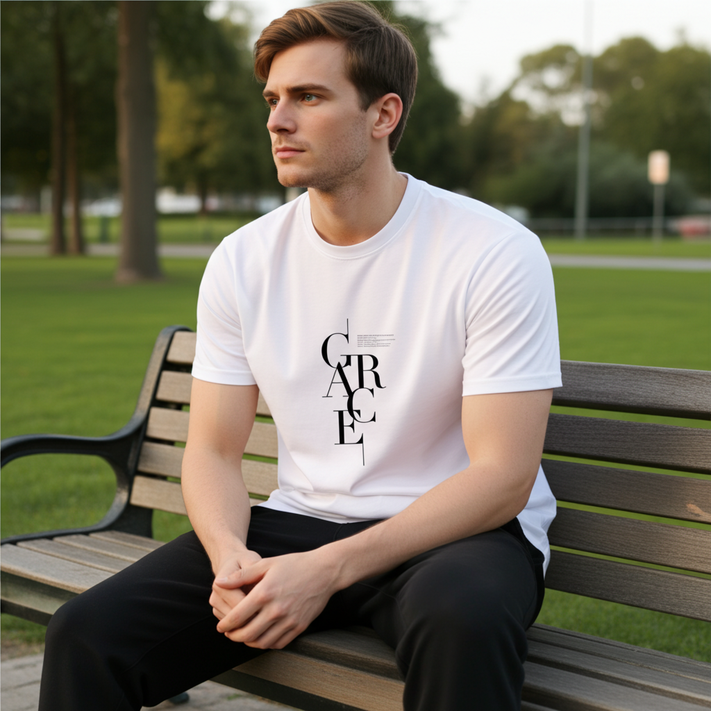 Man sitting on a bench wearing a white t-shirt with text in a park.