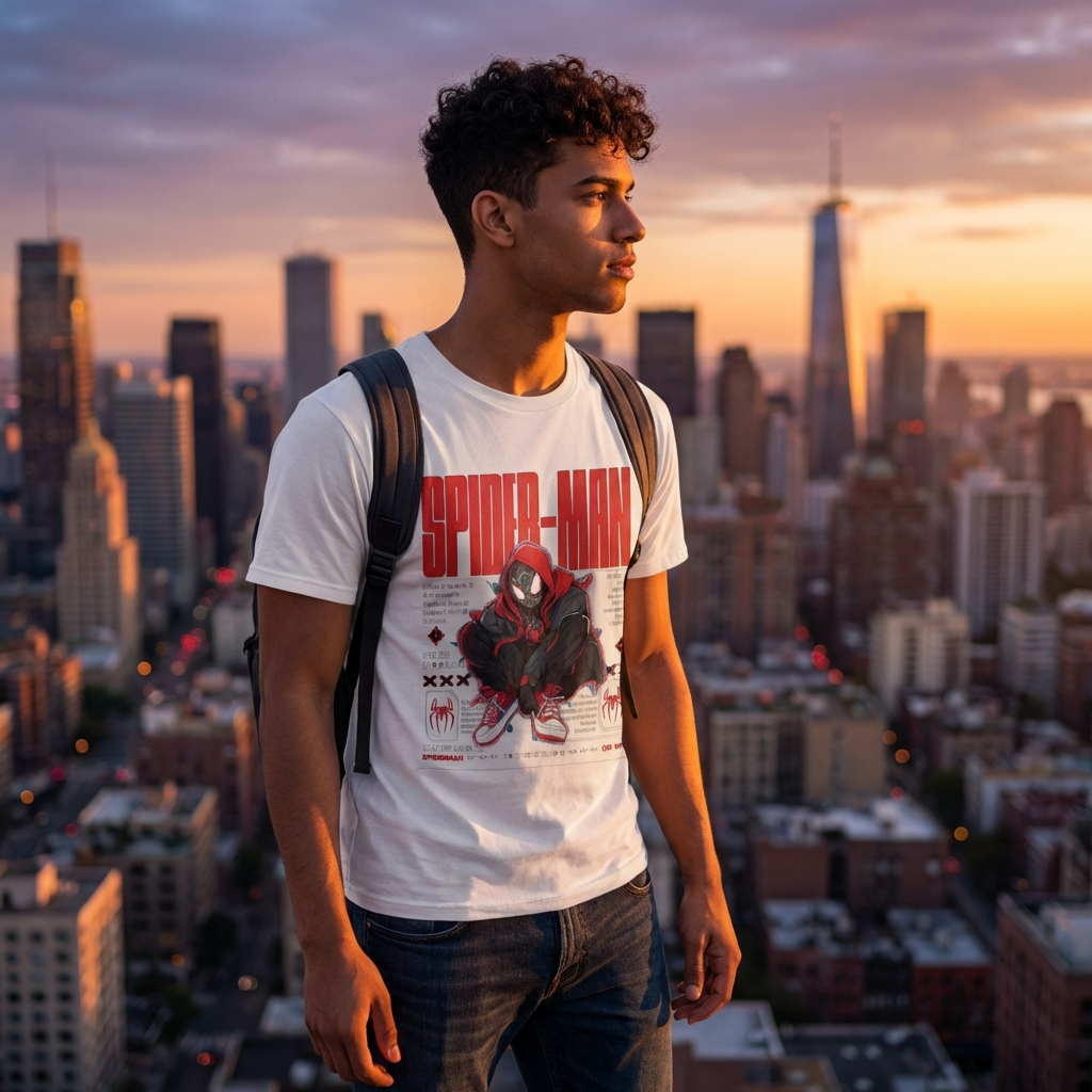 Person wearing a Spider-Man t-shirt with a cityscape in the background during sunset.