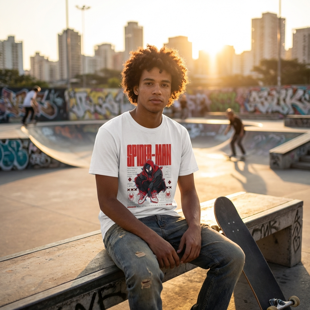 Man wearing a white t-shirt with 'GARCE' design at an outdoor market.
