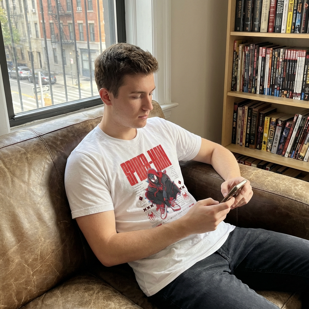 Person sitting on a couch using a phone, wearing a Spider-Man t-shirt, with a bookshelf in the background.
