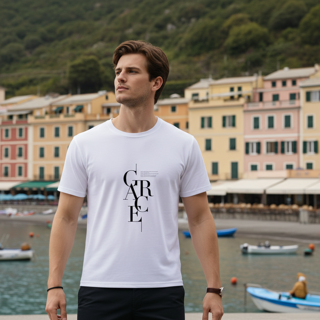 Man wearing a white t-shirt with 'GARCE' design in an outdoor setting with buildings and water.