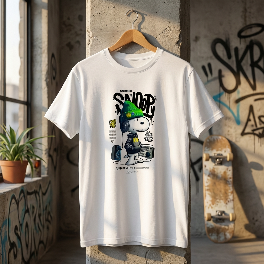 White t-shirt with a graphic design of a character wearing a green hat and holding a boombox, hanging on a wooden hanger against a graffiti-covered wall.