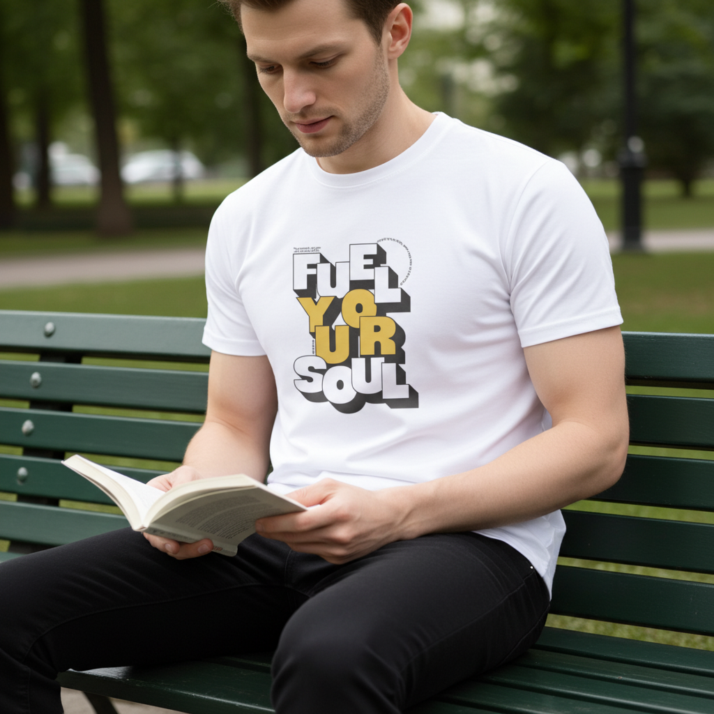 Man reading a book on a park bench wearing a white t-shirt with text.