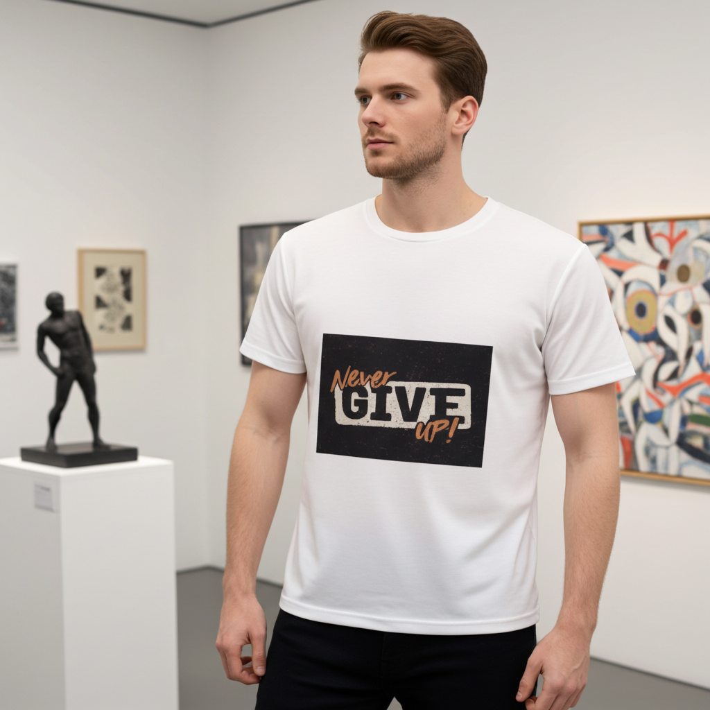 Man wearing a white t-shirt with 'Never Give Up!' text in an art gallery.