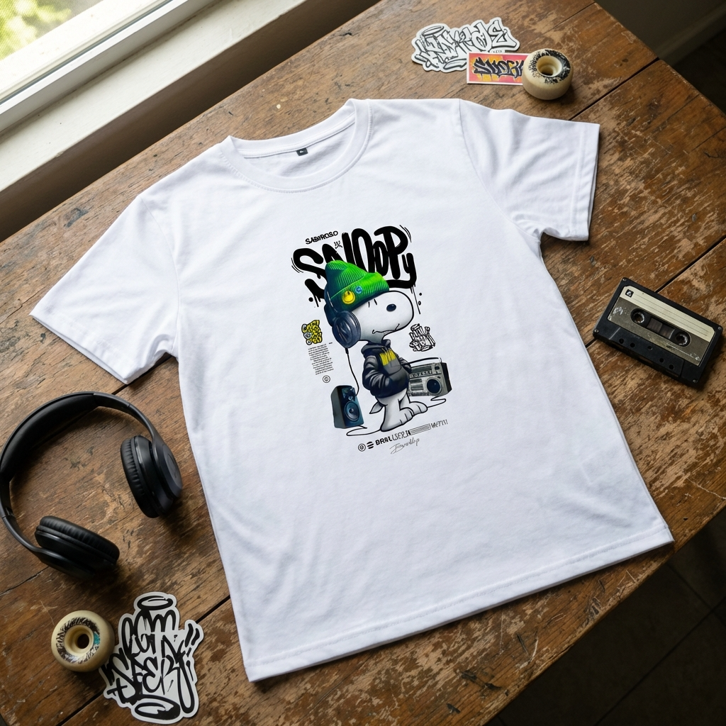 White t-shirt with a graphic design on a wooden table with headphones and a cassette tape.