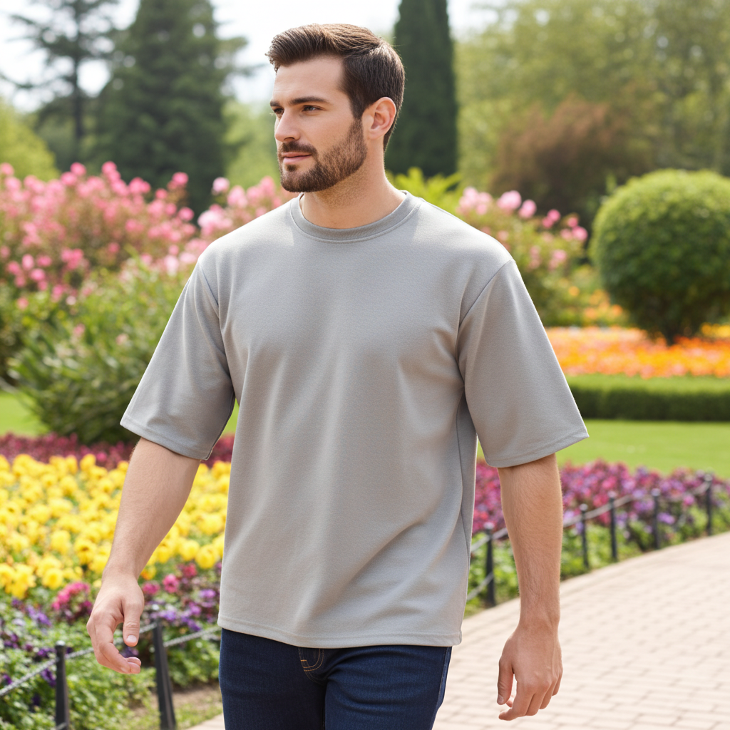 Clean Minimal Look Premium Gay Oversize T-shirt for Men close up print detail Man walking in a park with colorful flowers and greenery