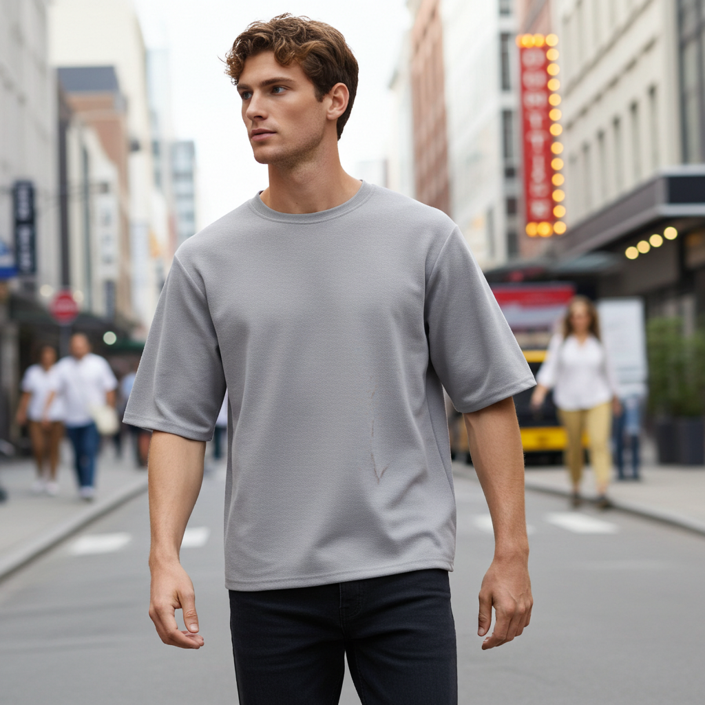 Clean Minimal Look Premium Gay Oversize T-shirt for Men close up print detail Man wearing a gray t-shirt walking on a city street
