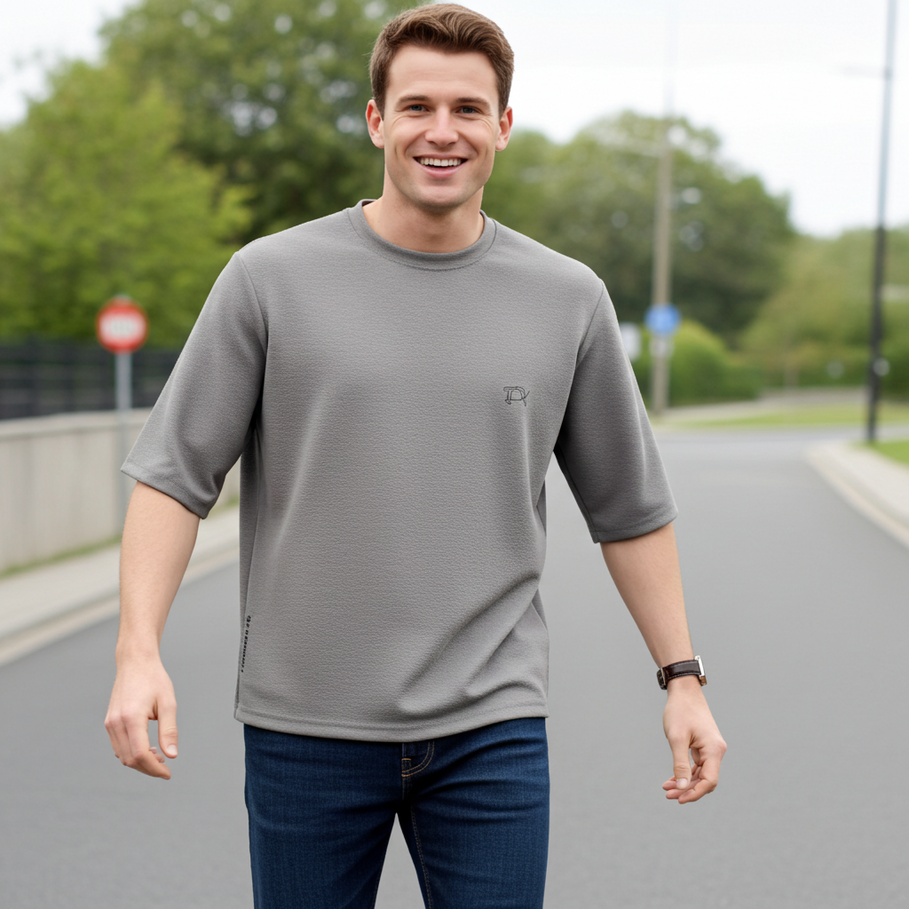 Clean Minimal Look Premium Gay Oversize T-shirt for Men back side relaxed fit design Man wearing a gray t-shirt and blue jeans walking on a road with greenery in the background