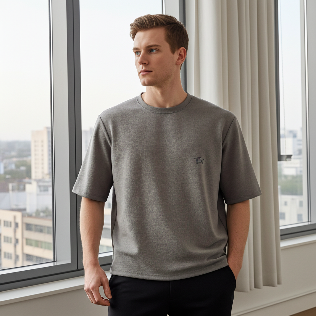 Clean Minimal Look Premium Gay Oversize T-shirt for Men front view oversized streetwear style Man wearing a gray t-shirt standing in front of large windows with a cityscape view.